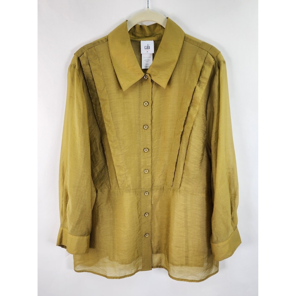 Cabi Portrait Blouse Women's M Olive Golden Green Semi Sheer Silky Touch